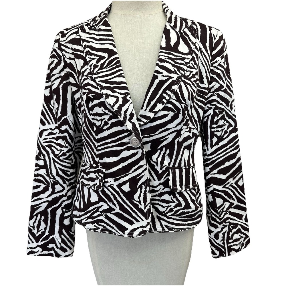 Women's 12P Zebra Print Light Weight Blazer Jacket Brown Stripes Button Lined